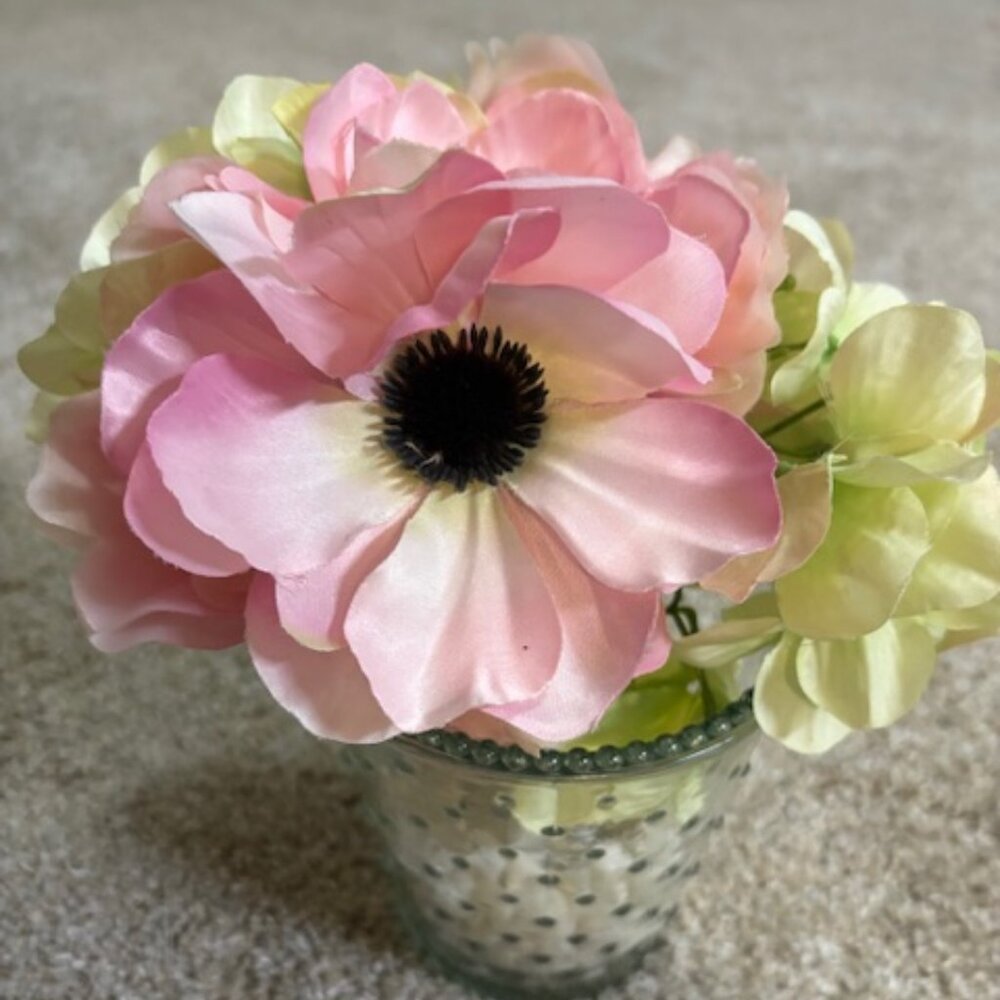Pink & Green Silk Florals in 5" Glass Vase. 10"H  Overall